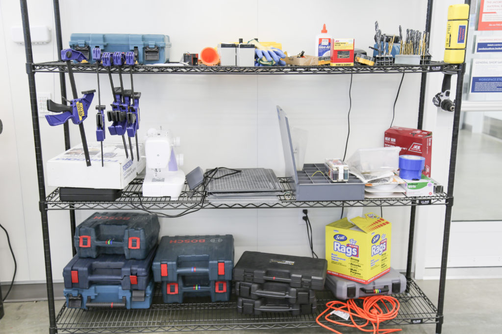 Power tools on shelves