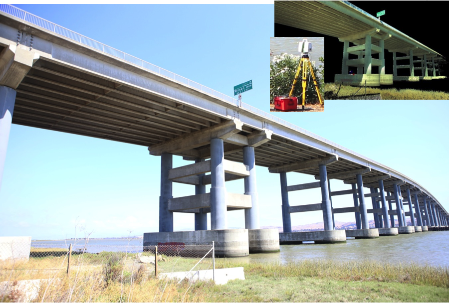 CAPTION: A photograph of a bridge in Northern California with its 3D scanned image on the top right corner showing the used laser scanner.