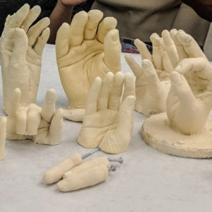 A series of plastic fingers and hands sit upright on a white table