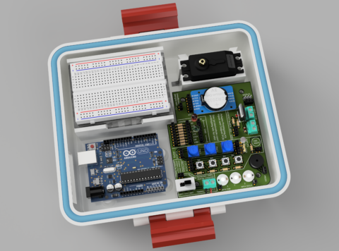 A rendering of an Arduino microcontroller, along with other knobs, buttons, and switches, housed in a white box