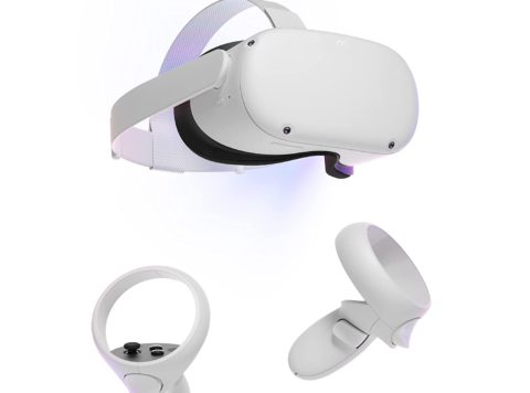 An Oculus Quest VR headset floats on a white background